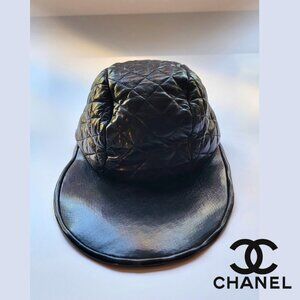 CHANEL Black Lambskin Leather Quilted Baseball Cap Hat Long Bill Vintage